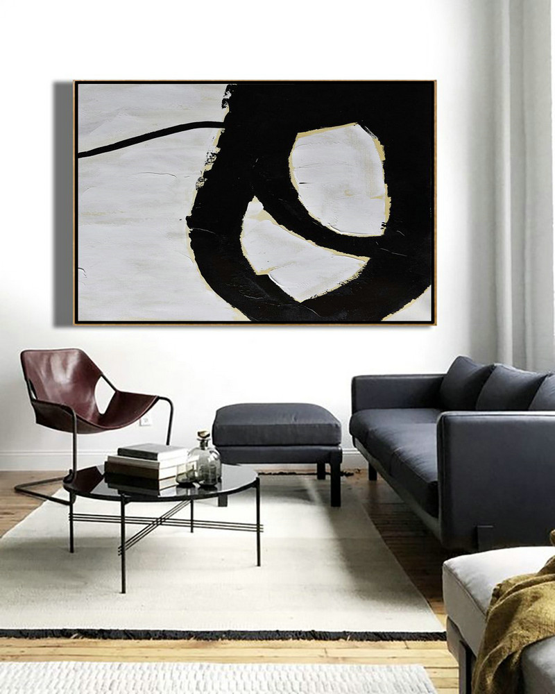 Large Oil Canvas Art,Horizontal Palette Knife Minimal Canvas Art Painting Black White Beige - Acrylic Painting Wall Art